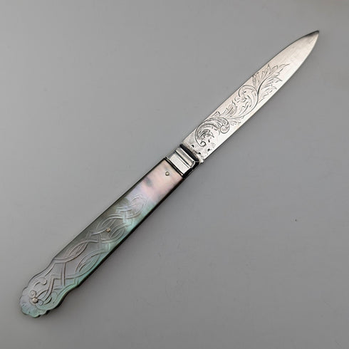 1846 British antique penknife with white mother-of-pearl handle and pure silver engraved blade by Aaron Hadfield